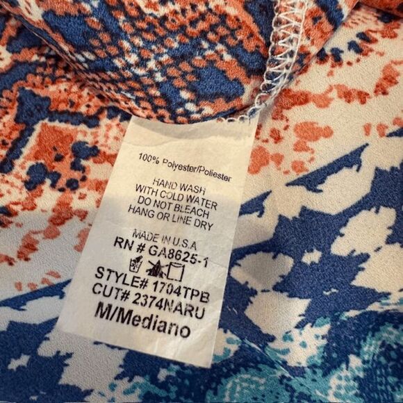 Renee C Boho Aztec Printed Multicolor Tunic Blouse Blue Piping Flowy Size Medium - Picture 4 of 9